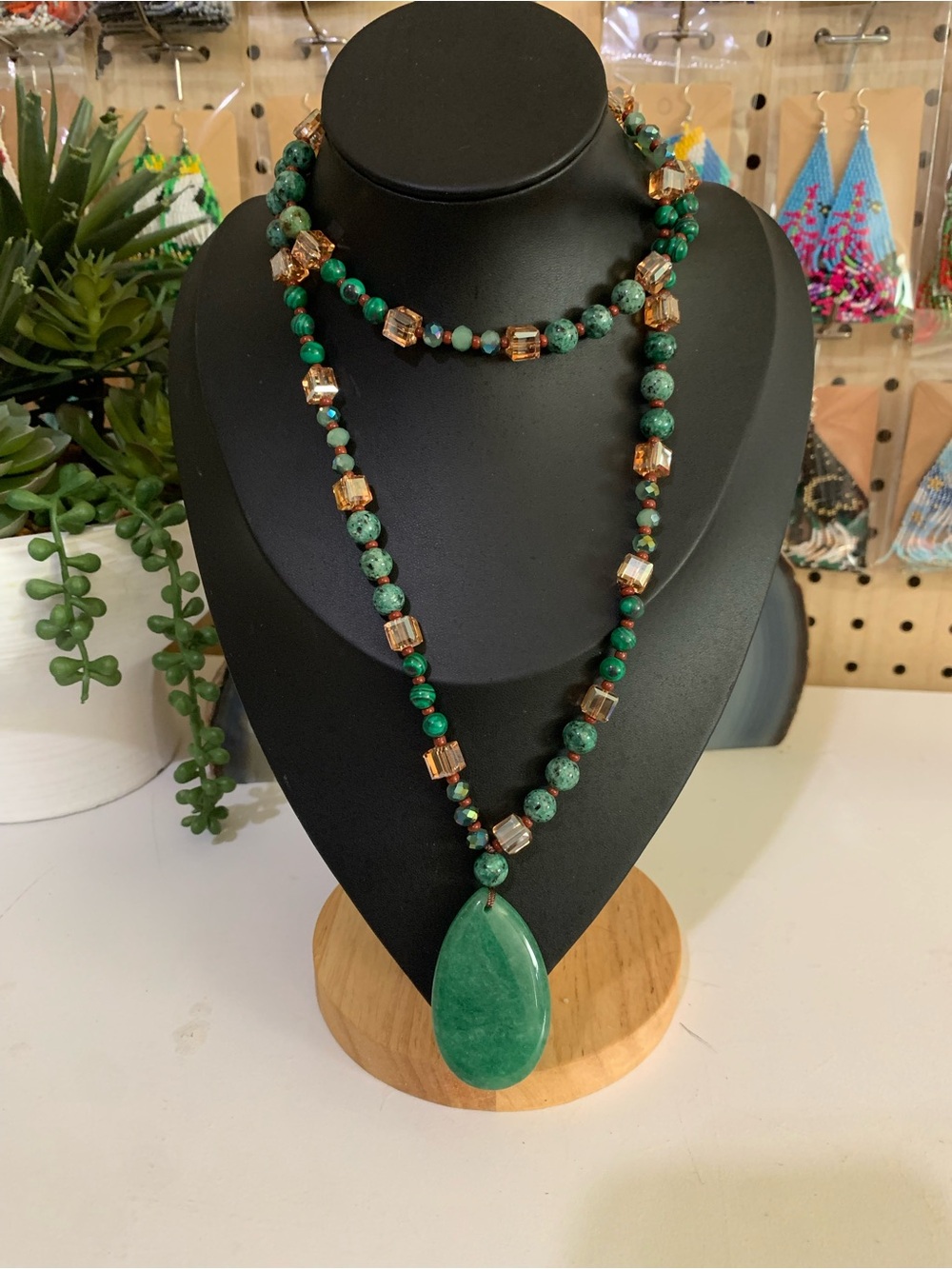 Green Beaded Teardrop Pendant Necklace with Gold Accent Beads